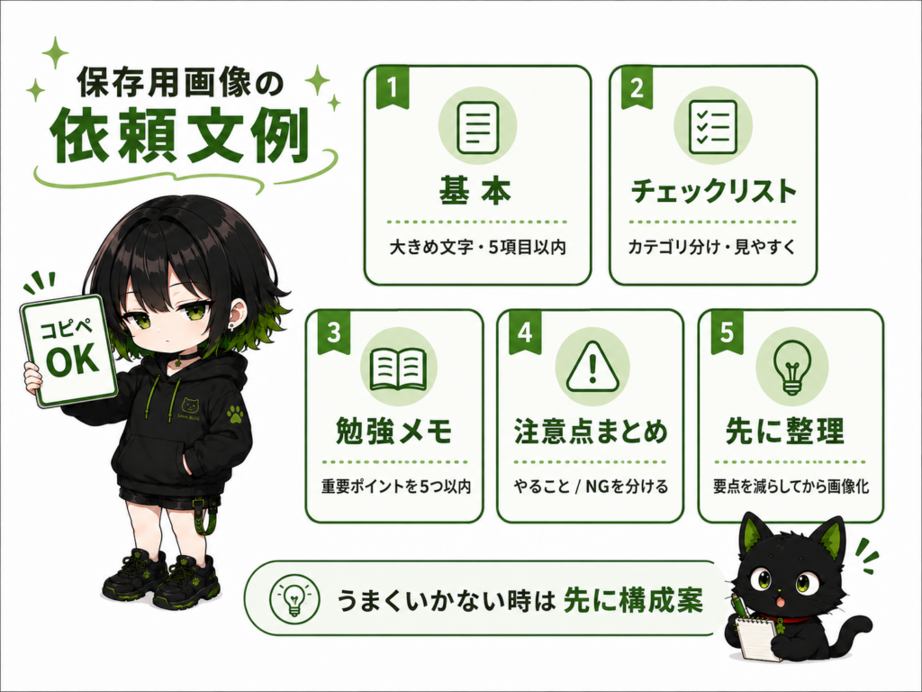 ミニサナが「コピペOK」と書いたカードを持っている／クロがプロンプト例をメモしている