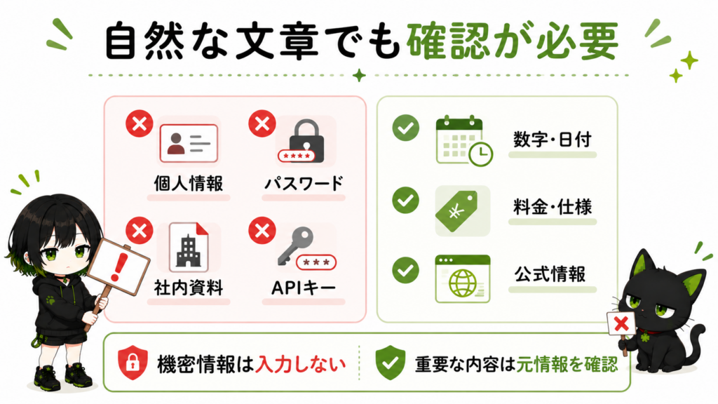 サナが「AIに入れない情報と確認事項」と書いた注意ボードを持っている