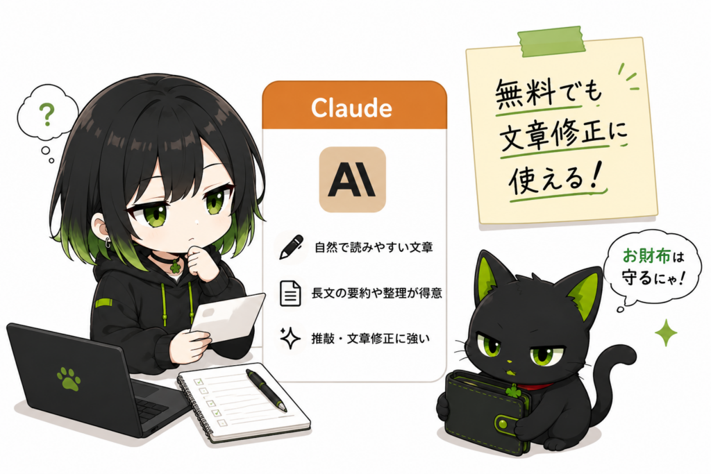サナがClaudeのカードを見ながら考えている／横に「無料でも文章修正に使える」と書いたメモ／クロが財布を守っている