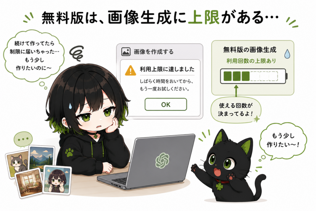 サナが画像生成の利用制限に困っている/クロが「もう少し作りたい!」という顔をしている