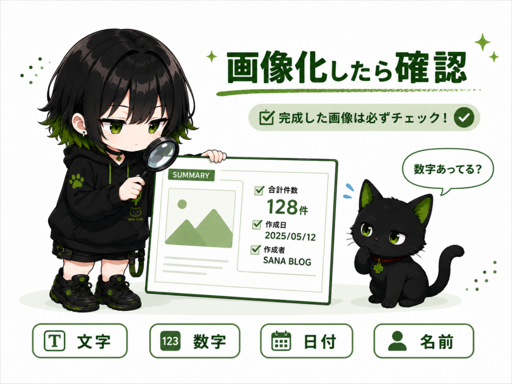 ミニサナが完成した画像をチェックしている／クロが「数字あってる？」という顔をしている