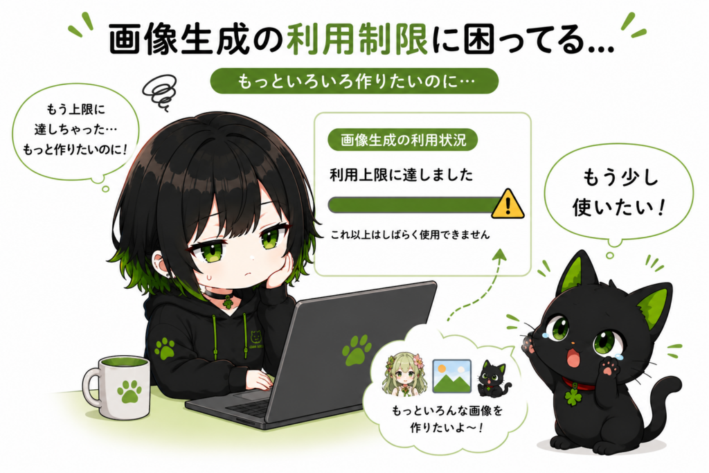 サナが画像生成の利用制限に困っている/クロが「もう少し使いたい!」という顔をしている