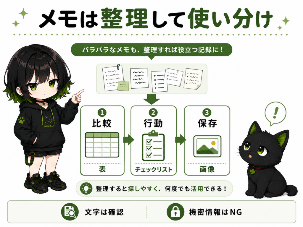 サナが整理された表・チェックリスト・画像を並べてクロに説明している