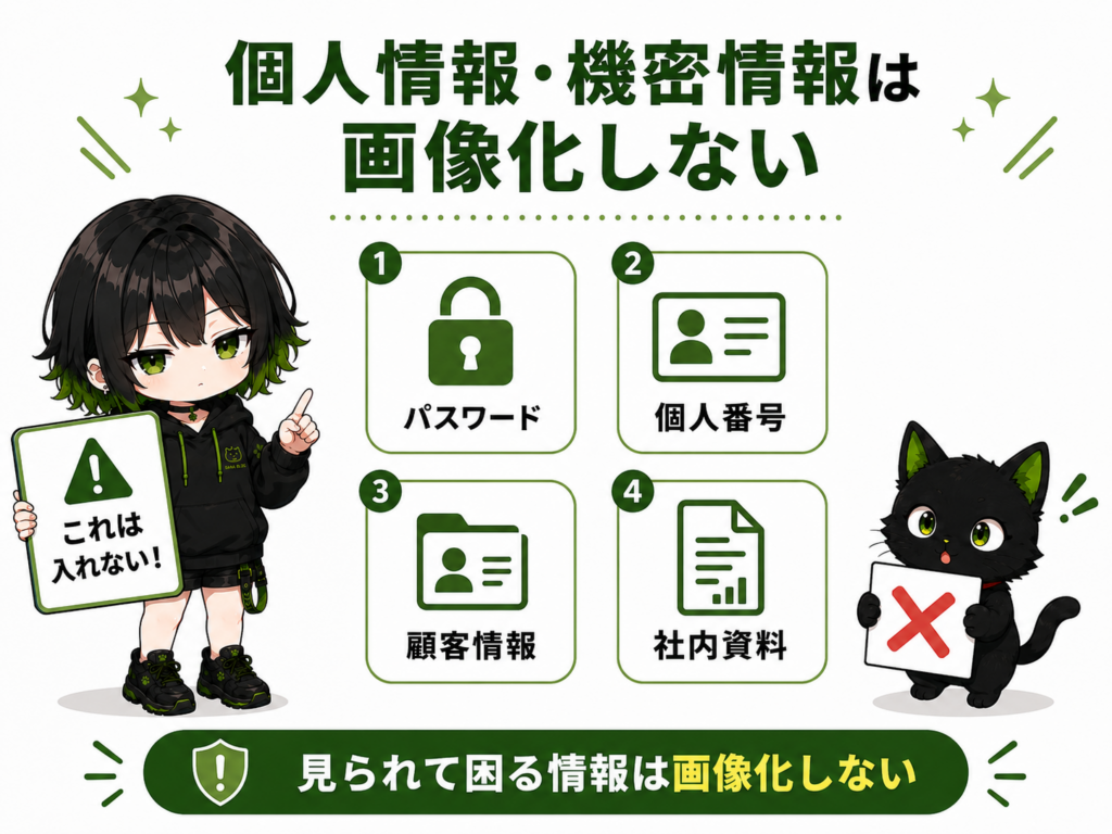 サナが「これは入れない！」と注意している／パスワード・個人番号・社内資料・顧客情報のアイコン／クロがバツ印カードを持っている