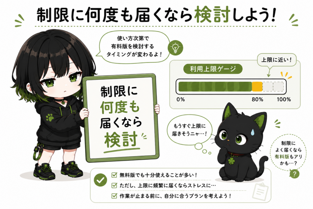 サナが「制限に何度も届くなら検討」と書いたボードを持っている/クロが利用上限ゲージを見ている