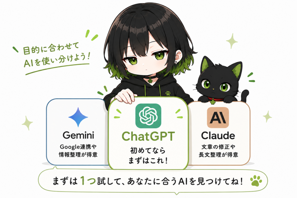 サナがChatGPTのカードを一番前に置いている／GeminiとClaudeも横に並んでいる