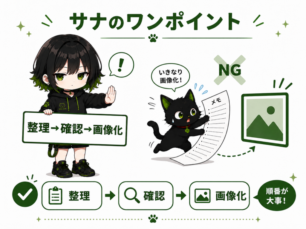 ミニサナが「整理→確認→画像化」と書いたボードを持っている／クロがいきなり画像化しようとして止められている