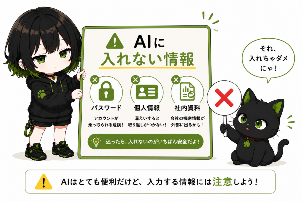 サナが「AIに入れない情報」と書いた注意ボードを持っている/パスワード・個人情報・社内資料のアイコン/クロがバツ印カードを持っている