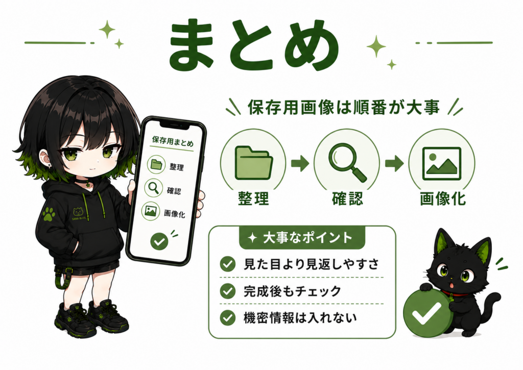 サナがスマホに保存用まとめ画像を表示している／クロがチェックマークを押している