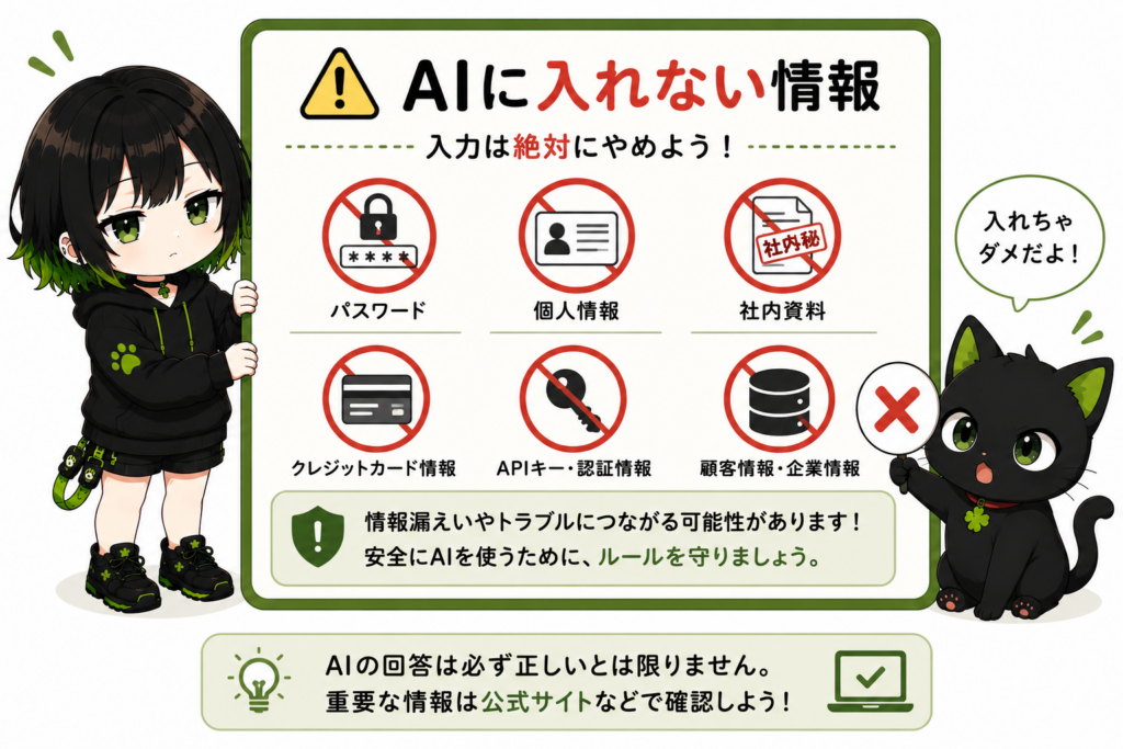 サナが「AIに入れない情報」と書いた注意ボードを持っている/パスワード・個人情報・社内資料のアイコン/クロがバツ印カードを持っている