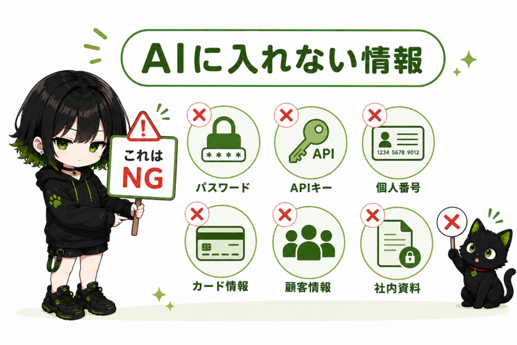 サナが「これはNG」と書いた注意ボードを持っている/パスワード・個人番号・社内資料・顧客情報のアイコン/クロがバツ印カードを持っている