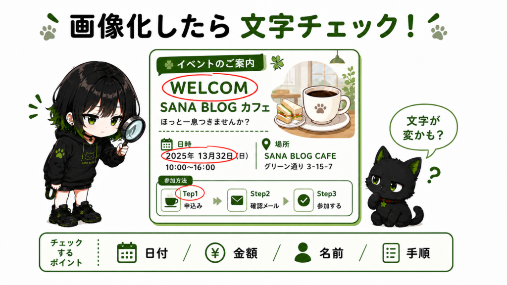 ミニサナが画像の文字化けをチェックしている/クロが「文字が変かも?」という顔をしている
