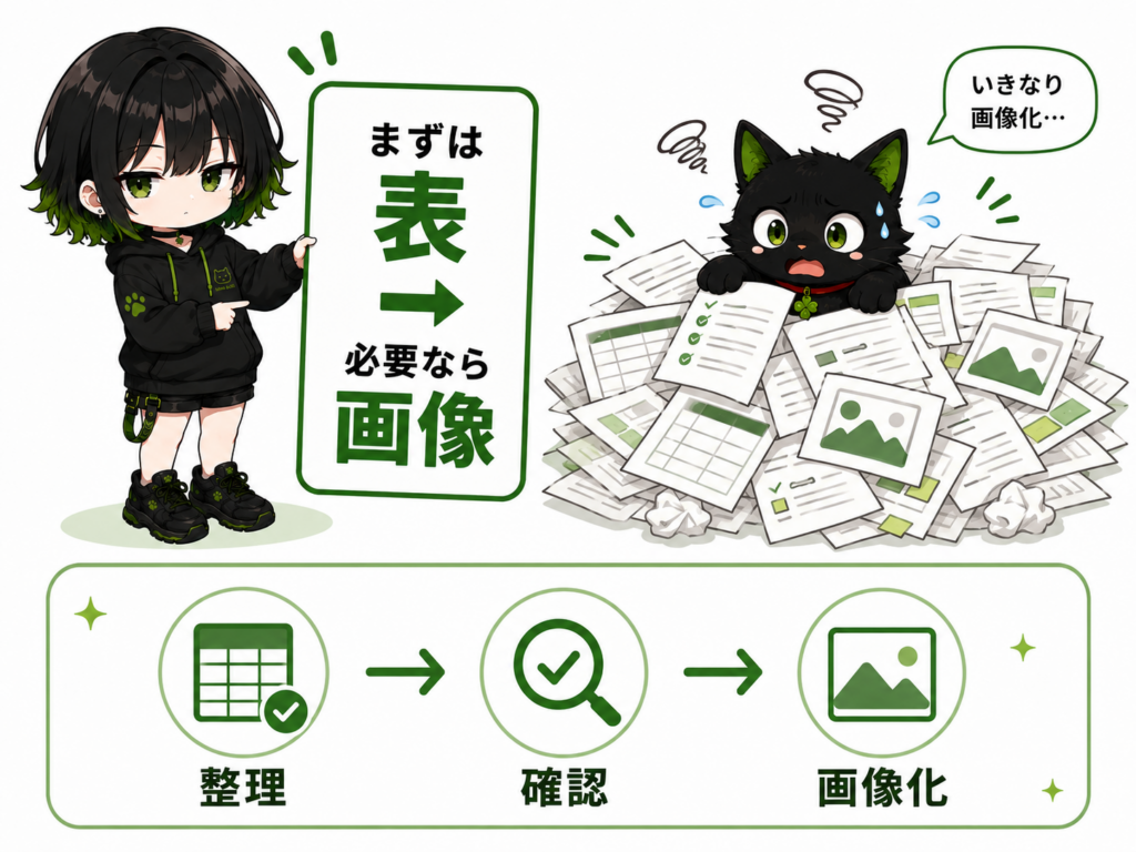 ミニサナが「まずは表→必要なら画像」と書いたボードを持っている/クロがいきなり画像化しようとして資料の山に埋もれている