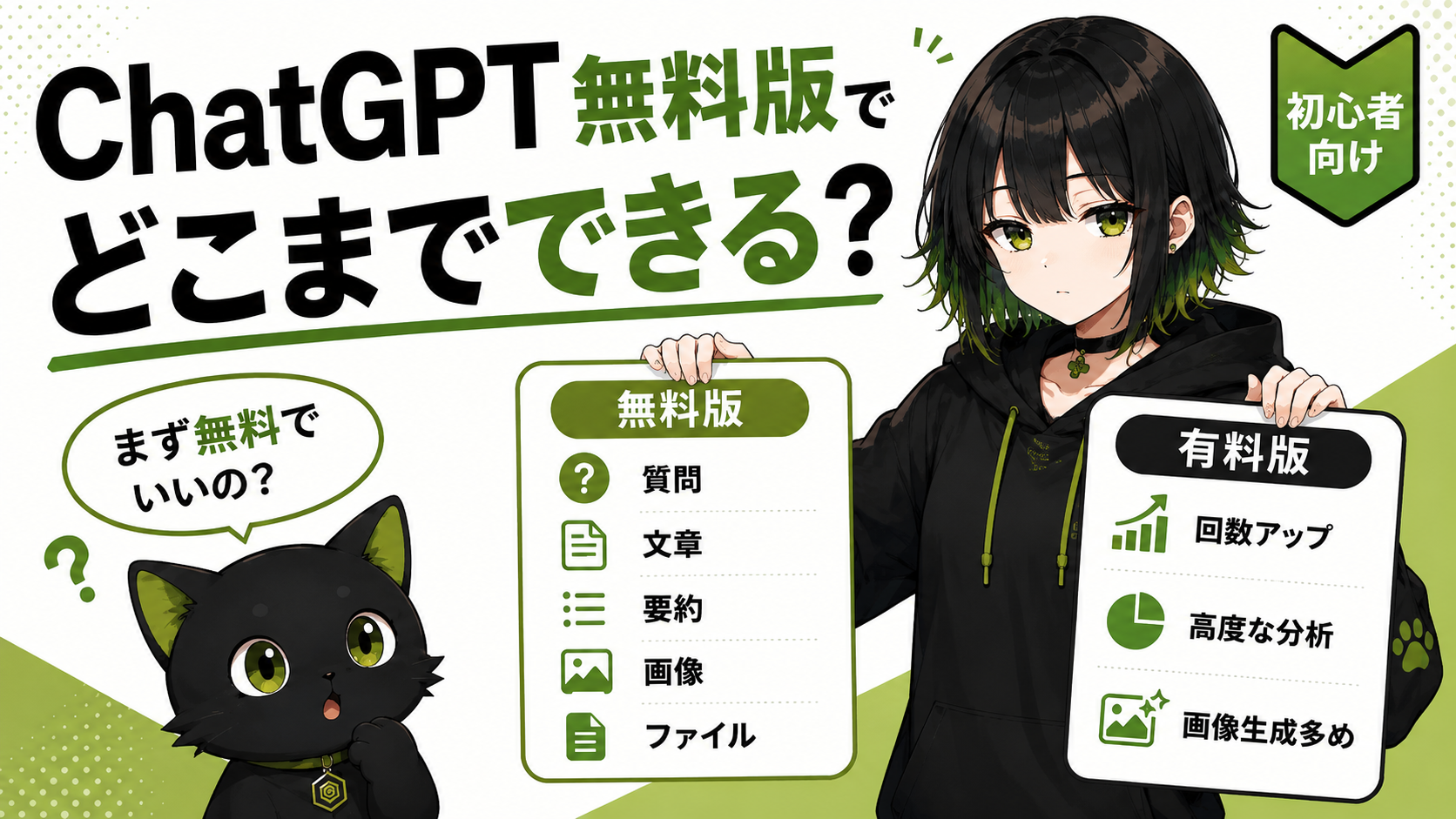 サナが「無料版」と「有料版」のカードを並べている／無料版カードには「質問」「文章」「要約」「画像」「ファイル」のアイコン／有料版カードには「回数アップ」「高度な分析」「画像生成多め」のアイコン／クロが「まず無料でいいの？」という顔をしている／「ChatGPT無料版でどこまでできる？」の文字入り