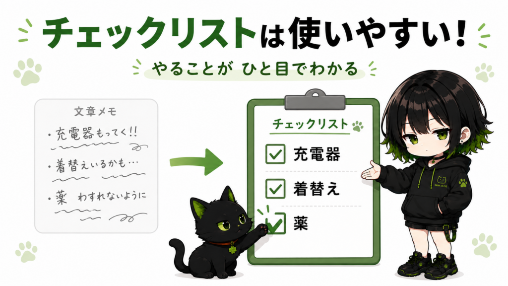 サナがチェックリストを作っている/クロが肉球でチェックボックスにレ点を押している