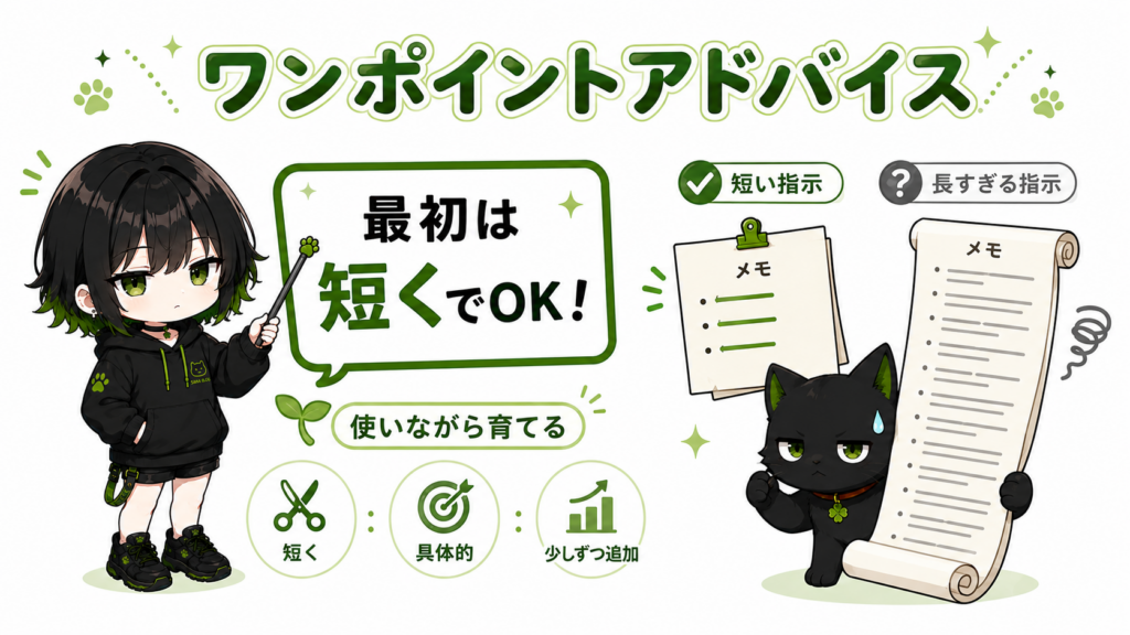 ミニサナがアドバイスしている画像／クロが短い指示メモと長すぎる指示メモを見比べている