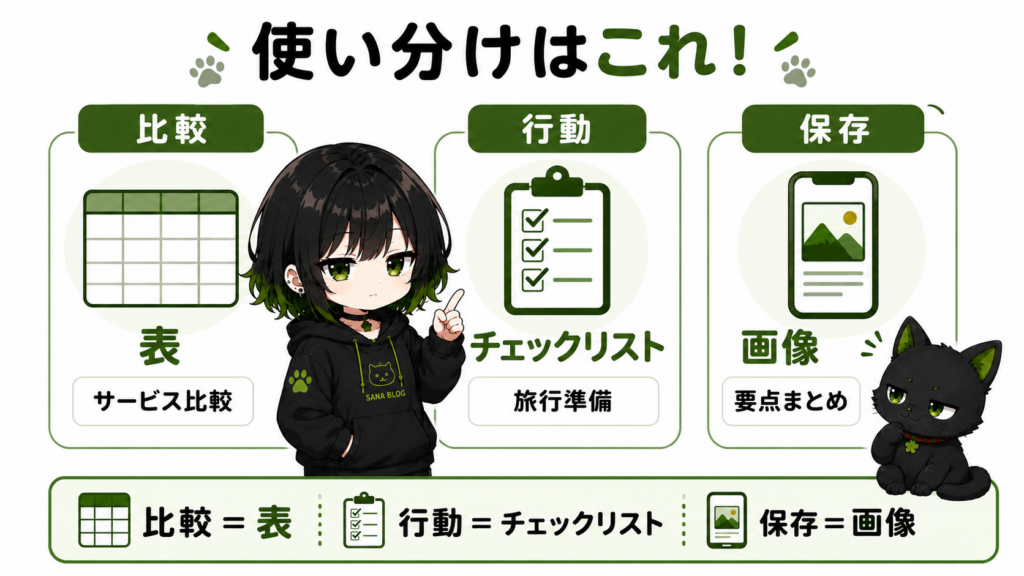 サナが3つのカードを並べて説明している/「比較=表」「行動=チェックリスト」「保存=画像」/クロが3つのカードを見て納得している