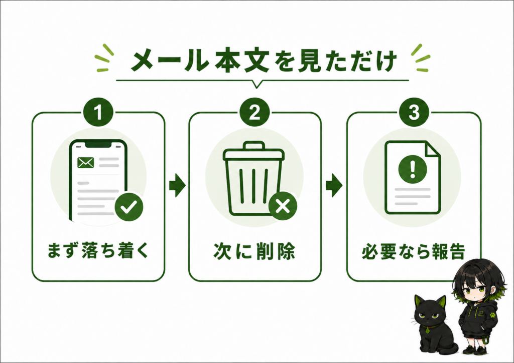ミニサナが「本文を見ただけ」と書いたカードを持っている／クロが少し安心した表情／横に「まずは落ち着く」「削除・報告」のシンプルな2ステップ