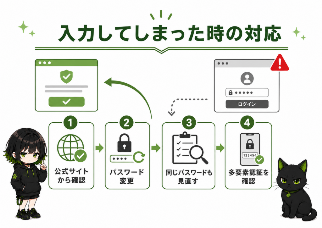 サナが「パスワード入力はすぐ変更！」と書いたボードを持っている／クロが「やばい…」という顔／偽ログイン画面のイメージと、公式サイトへ戻る矢印