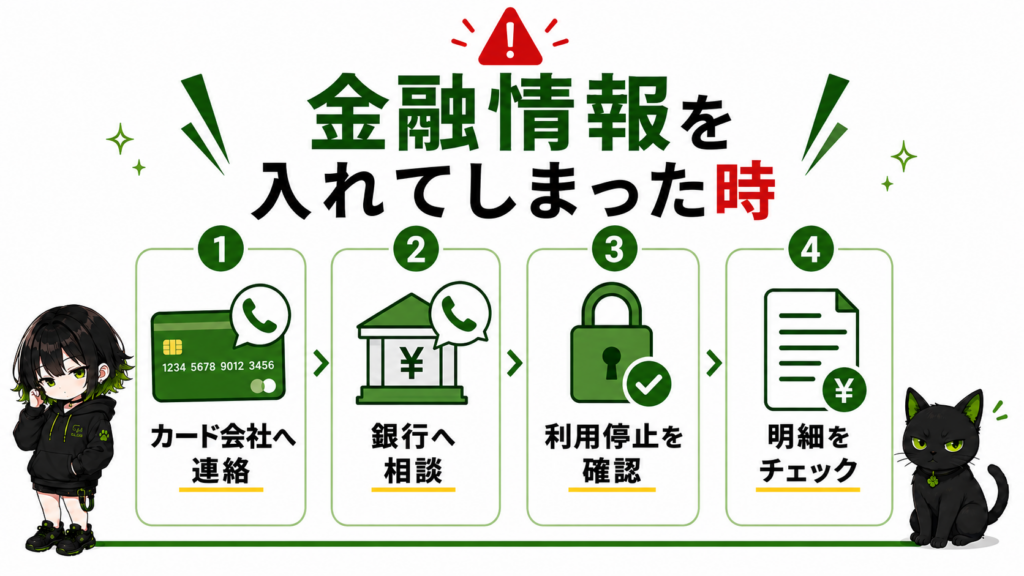 サナが「カード会社・銀行へ連絡」と書いた緊急ボードを持っている／クロが財布を抱えて焦っている／赤い警告アイコン