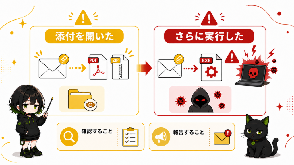クロが「添付ファイル開いちゃった…」と青ざめている／サナが「見ただけ？ 実行した？」と確認している／添付ファイルアイコン、警告マーク、ネットワーク切断のイメージ