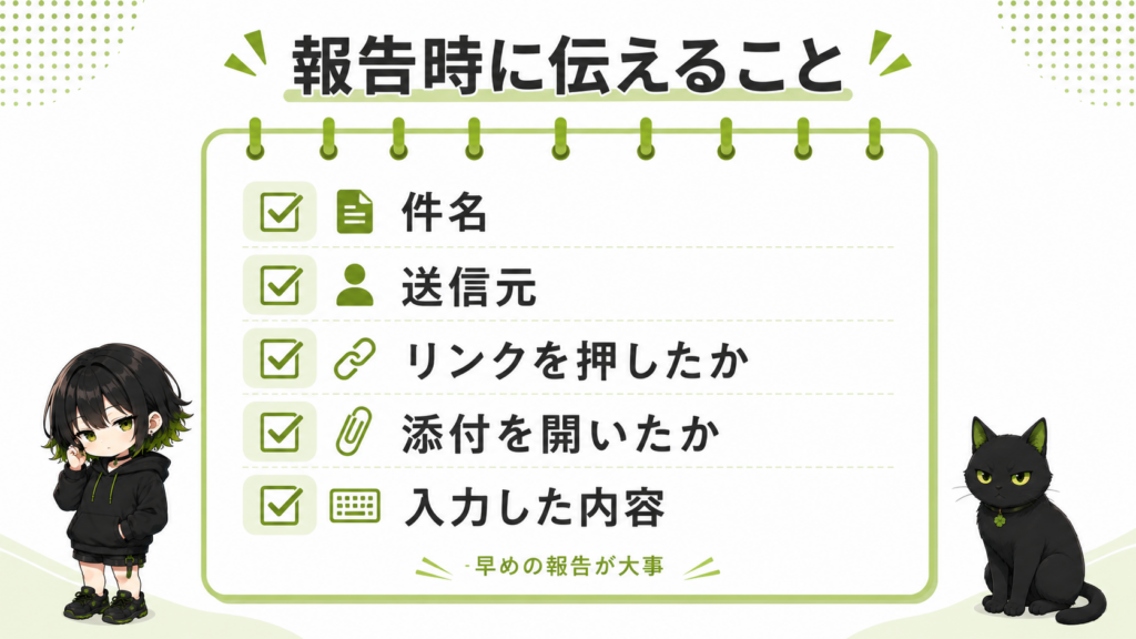 サナが「報告は早いほどいい」と書いたボードを持っている／クロが手を挙げて報告している／横に「件名・送信元・押したもの・入力したもの」のメモ