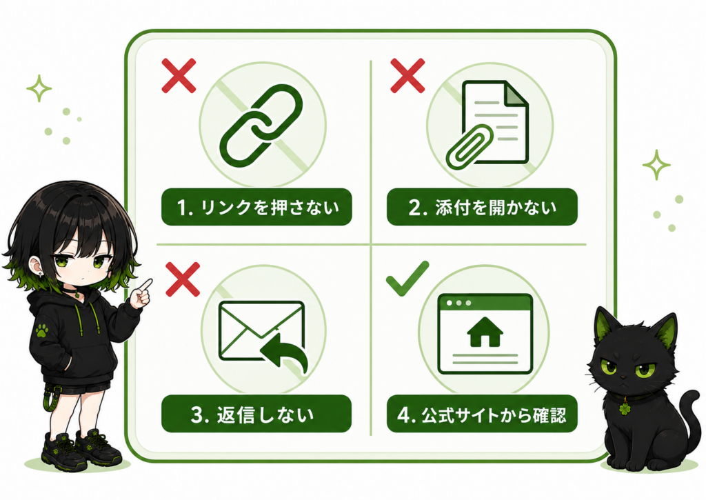 ミニサナが「押さない・開かない・返信しない」と書いたチェックボードを持っている／クロがうなずいている／緑と赤のシンプルな整理画像