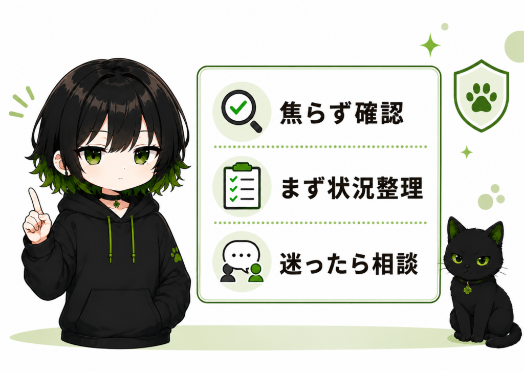 ミニサナがアドバイスしている／小さめの吹き出しで「“開いたら終わり”ではなく、“どこまでやったか”が大事です」と言っている