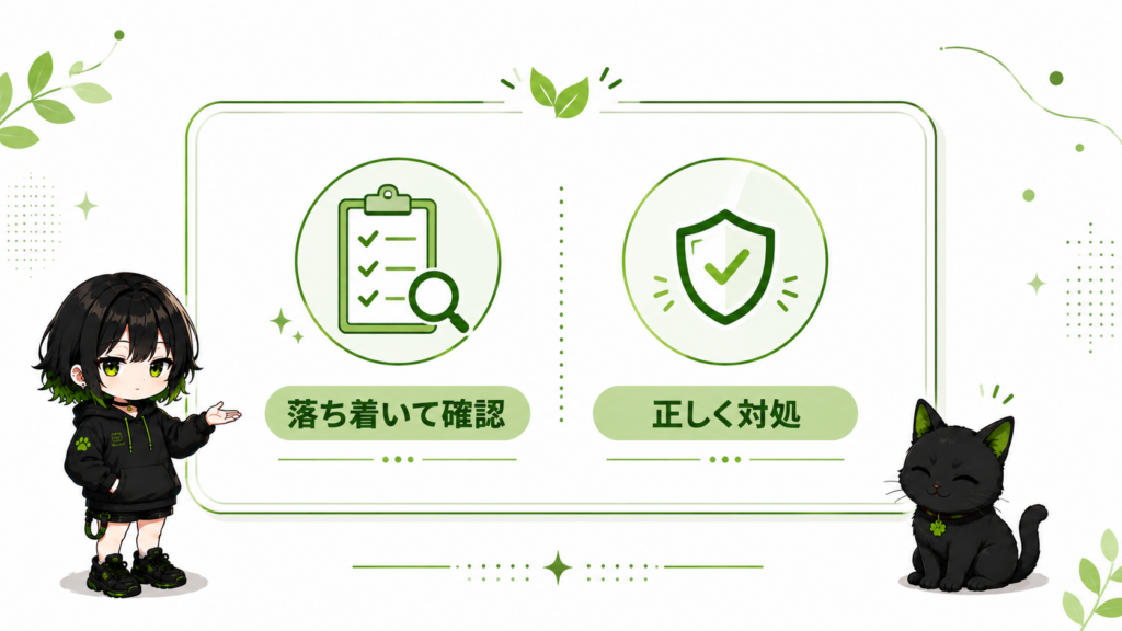 サナとクロの締め画像／サナが「落ち着いて確認」と書いたボードを持っている／クロが「まず何をしたか整理する」とメモを見ている