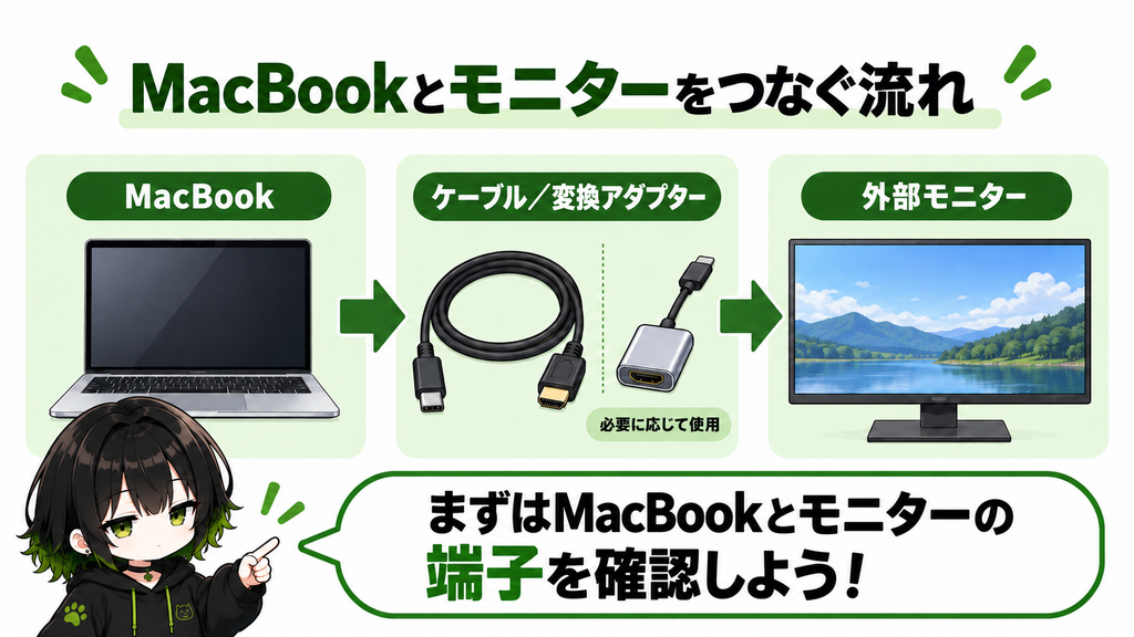 MacBookと外部モニターをケーブルや変換アダプタで接続する流れ
