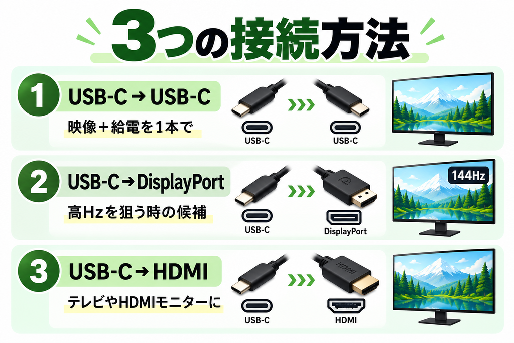 USB-C→USB-C／DisplayPort／HDMIの3つの接続方法
