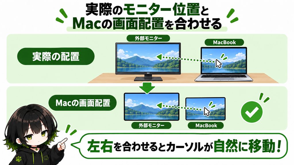 実際のモニター位置とMacの画面配置を合わせる例