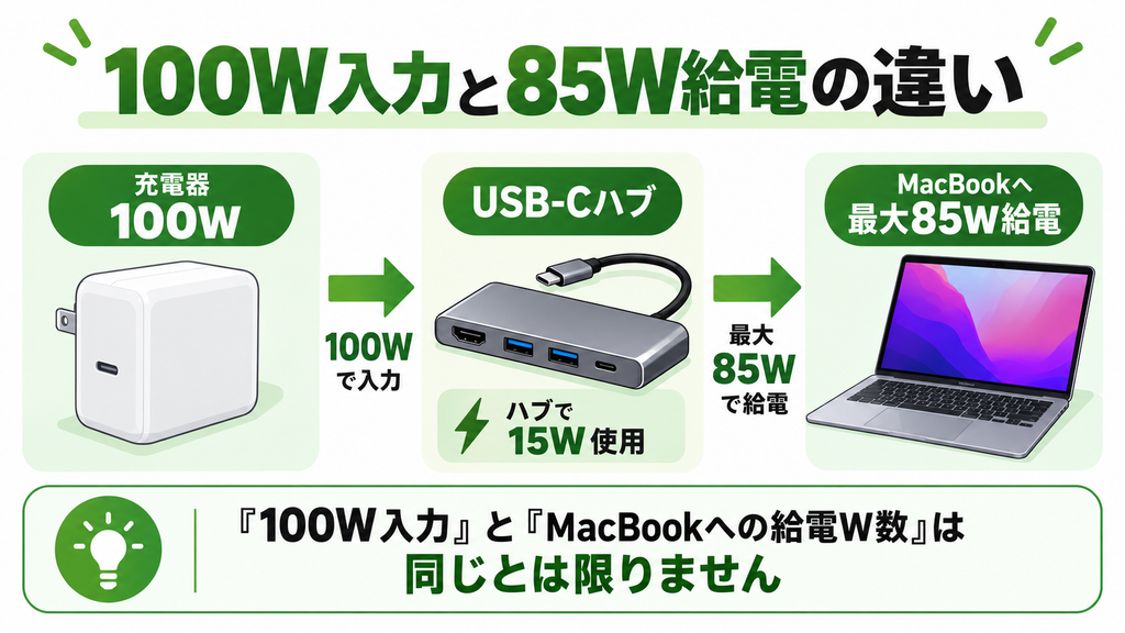100W入力と85W給電の違いを分かりやすく説明する図