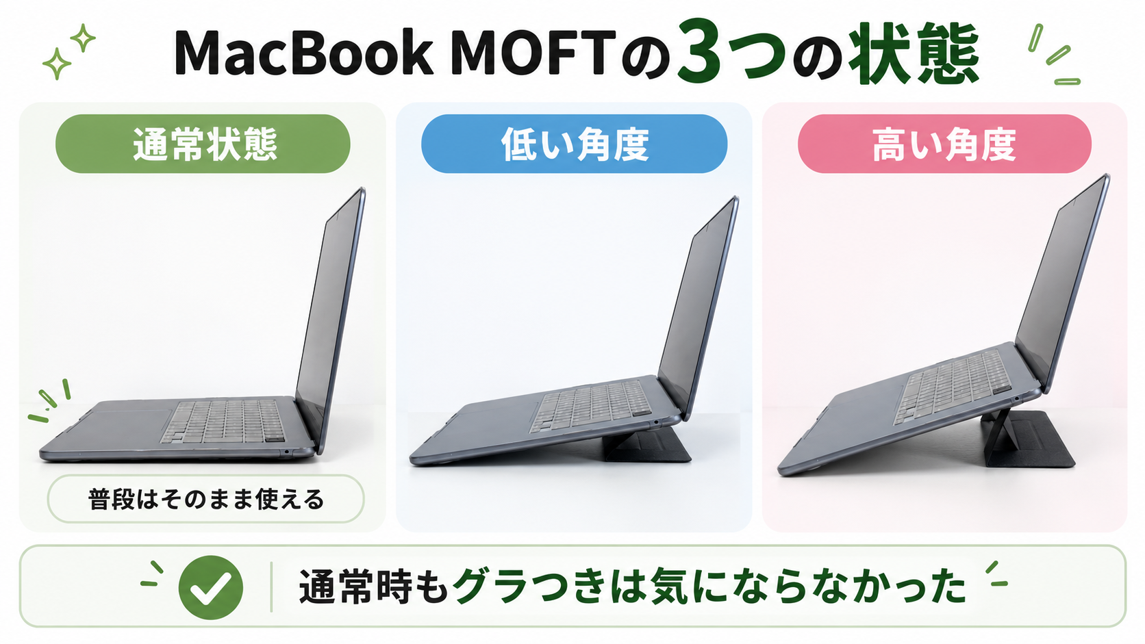 MacBook用MOFTスタンドの通常状態・低い角度・高い角度