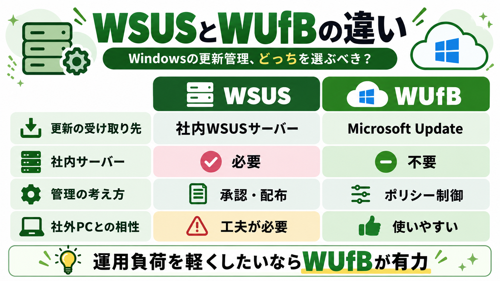WSUSとWUfBの違いを比較した図解