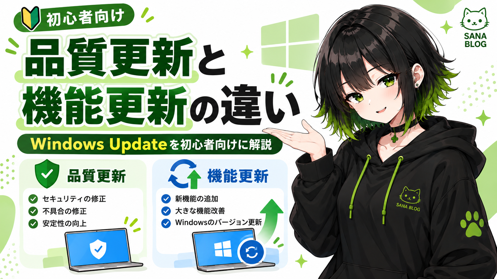 品質更新プログラムと機能更新プログラムの違いを初心者向けに解説するアイキャッチ